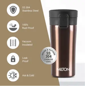 Thermosteel Vacuum Insulated Travel Coffee Mug, 350ml, Brown ,Prolonged Hours Hot & Cold, ISI Certified, Spill Proof & Easy to Sip, Leakproof & Rustproof, On The Go Coffee Cup