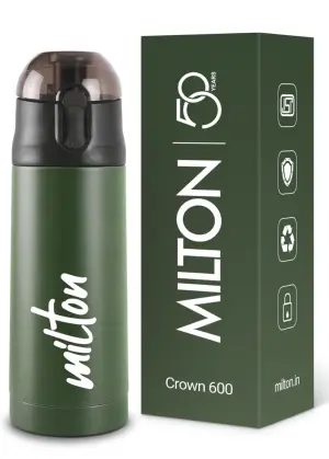 Milton New Crown 600 Thermosteel Water Bottle 500 ml with One Touch Safety Lock, 24 Hours Hot and Cold, Leak Proof Lid, ISI Certified I Vacuum Insulated I for Office, Gym, School I Green