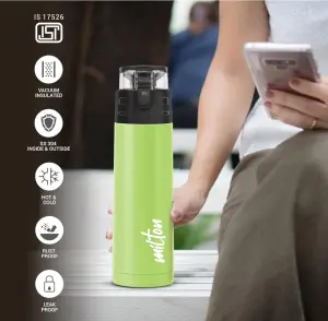 Milton Atlantis 400 Thermosteel Water Bottle 350 ml, 24 Hr Hot and Cold I Leak Proof Lid, ISI Certified I Vacuum Insulated I for Office, Gym, School I Green