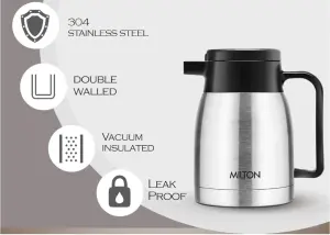Milton Omega Carafe 500 Stainless Steel Double Walled Vacuum Insulated Flask with Lid and Handle, 500 ml, Silver, Coffee/Tea Carafe Heat & Cold Retention, Leak Proof, Rust Free, Easy to Carry
