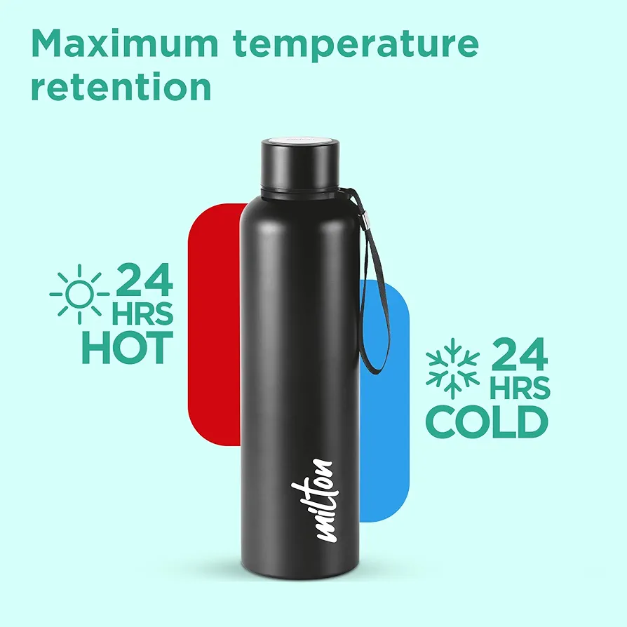 Aura 1000 Thermosteel Water Bottle, ISI Certified, 24 Hr Hot and Cold 1000ml Steel Flask (Pack of 1, Black)