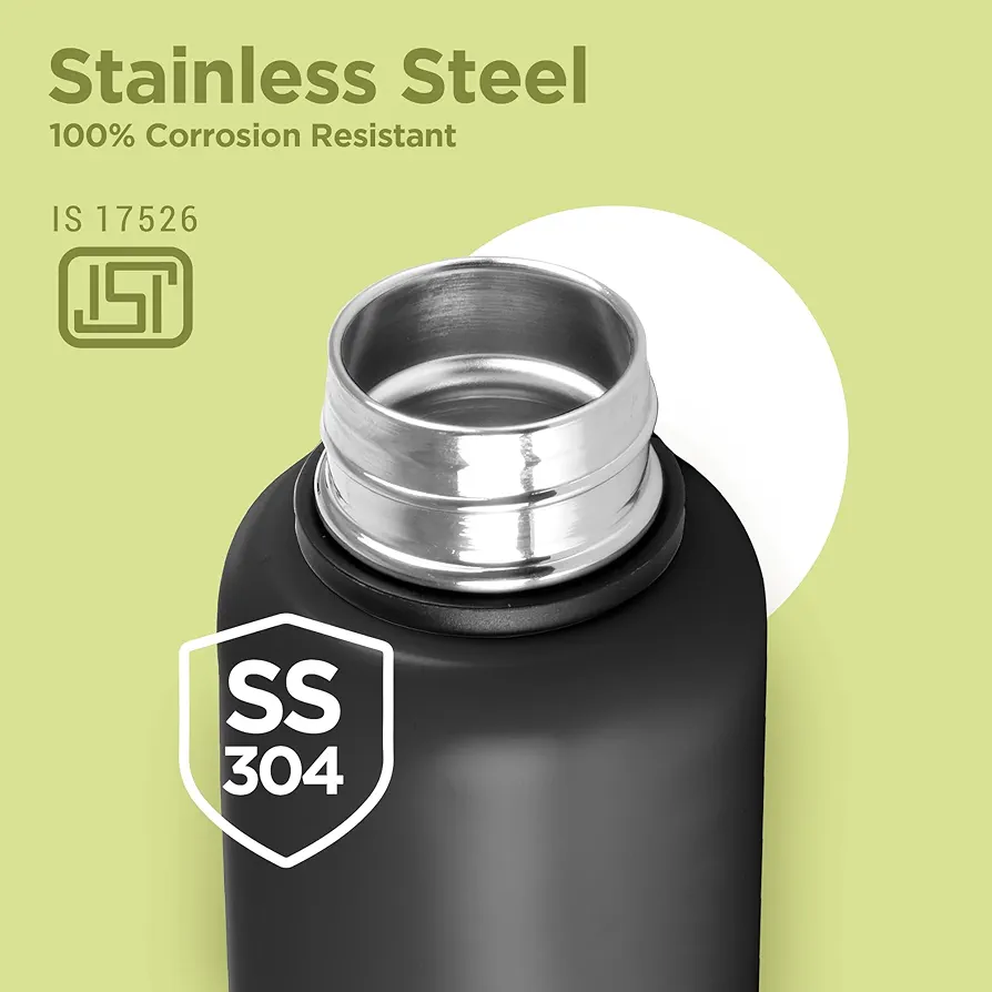 Aura 1000 Thermosteel Water Bottle, ISI Certified, 24 Hr Hot and Cold 1000ml Steel Flask (Pack of 1, Black)