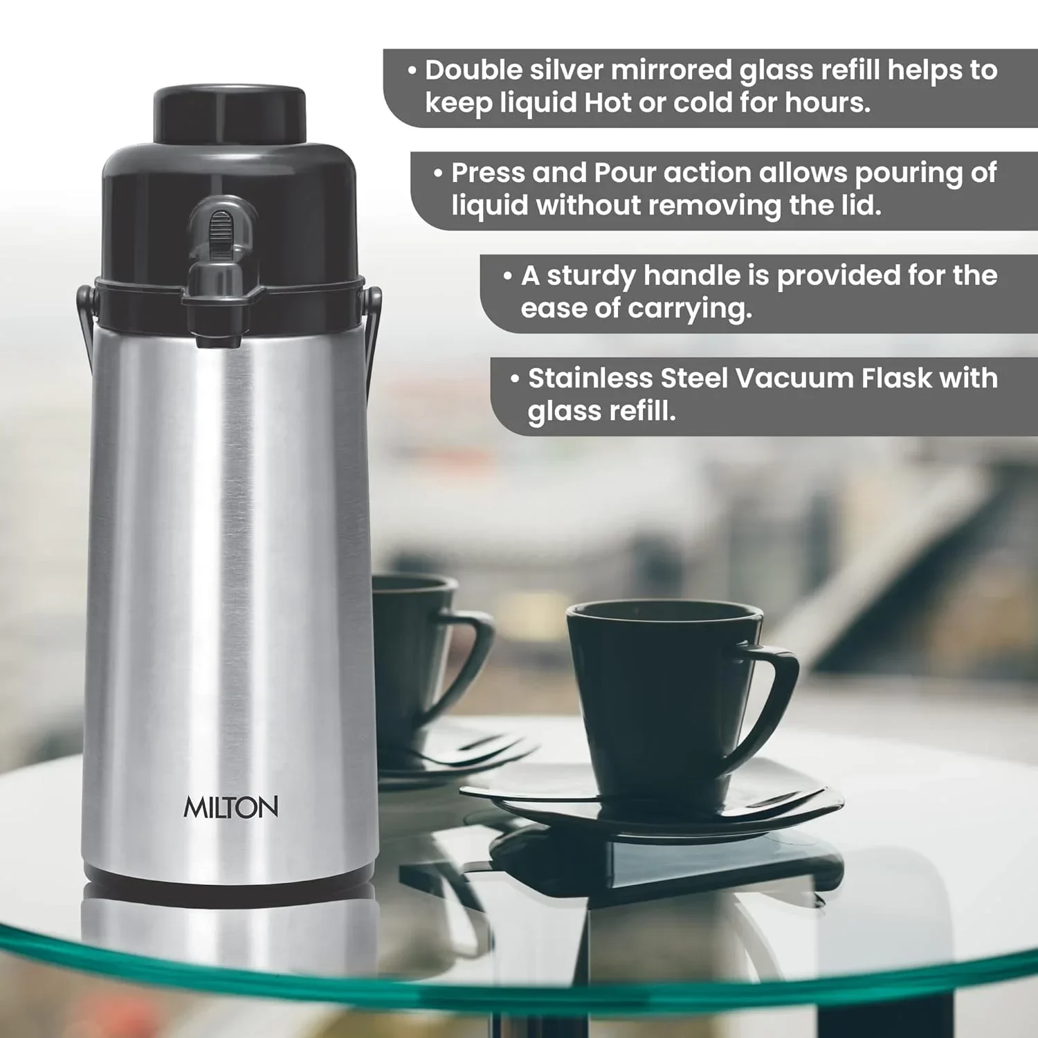 Milton Majesty DLX 2200 Thermosteel Insulated Flask, Silver | Hot and Cold | Food Grade | Easy to Carry | Leak Proof
