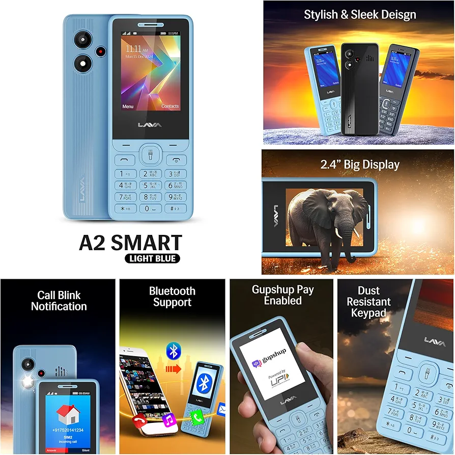 Lava A2 Smart. Blue ( Super bass Earphones free) 